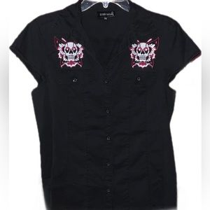 VTG Sourpuss Pink Embroidered Death Moth Skull Butterfly Rockabilly top